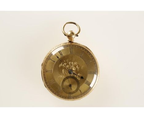 A GENTLEMAN'S 18CT YELLOW GOLD OPEN FACED POCKET WATCH, the gilt engine turned and foliage engraved dial with Roman numerals 