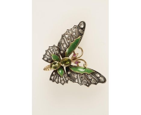 A GEM-SET AND ENAMEL BUTTERFLY BROOCH set in unmarked yellow metal