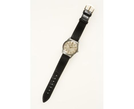 OMEGA: A GENTLEMANS WHITE METAL WRISTWATCH, the round dial with raised gilt baton numerals, sweep seconds hand, inscribed "Om