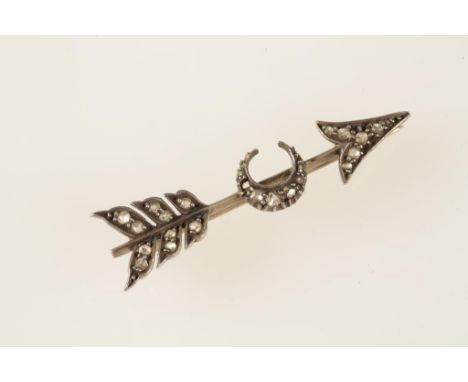 A ROSE-CUT DIAMOND BAR BROOCH, modelled in the form of cupid's arrow, with a crescent moon (one stone missing), all in unmark