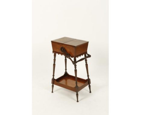 AN AMERICAN WALNUT WORKBOX, East coast, with articulated handle on splayed legs with shelf stretcher, 19th century, 16" wide