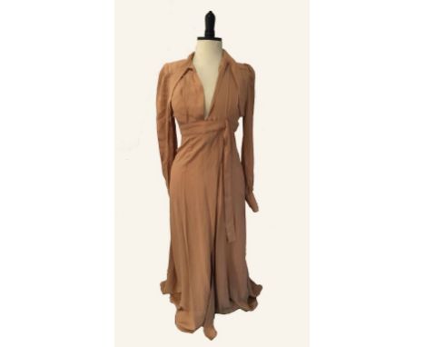 OSSIE CLARK FOR RADLEY: A CREAM EVENING DRESS, full length in moss crepe, with long sleeves buttoned at the cuff, a tie neck 