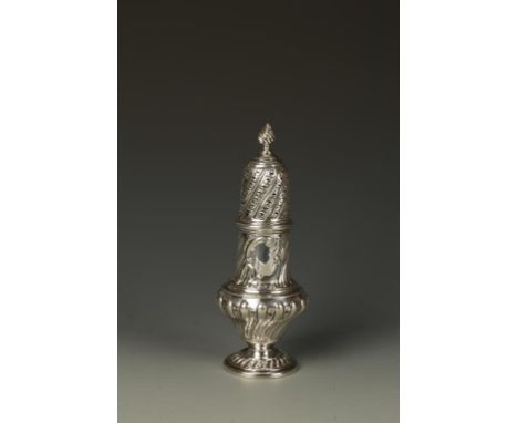 A VICTORIAN SUGAR CASTOR of baluster form with a high pierced pull-off cover, flame finial and fluted decoration, by TB, Lond