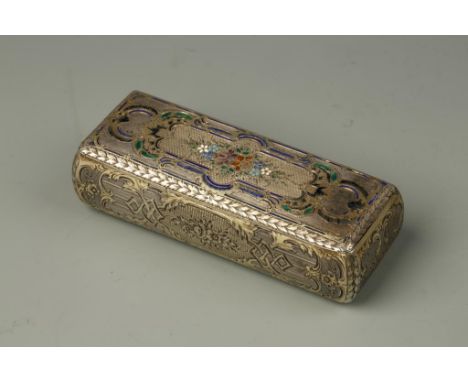 A CONTINENTAL SILVER GILT AND ENAMEL SNUFF BOX of rectangular form with stylised geometric and floral decoration, 3.5" long x