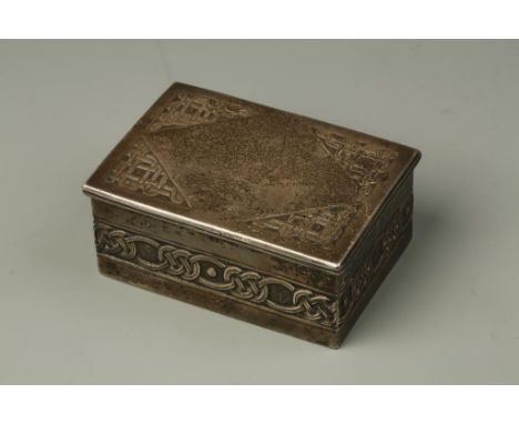 A VICTORIAN SCOTTISH TRINKET BOX of rectangular form with Celtic style strapwork decoration, with gilt interior, by John Mait