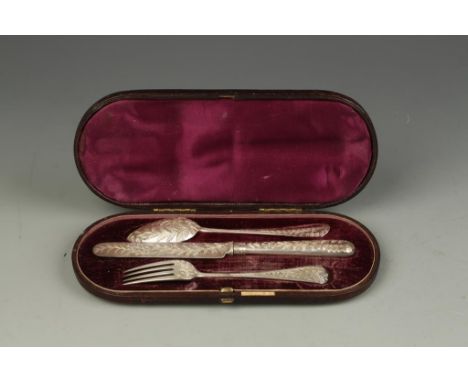 A VICTORIAN CHRISTENING SET comprising knife, fork and spoon, with engraved fern decoration, in a fitted case, by Aldwinkle a