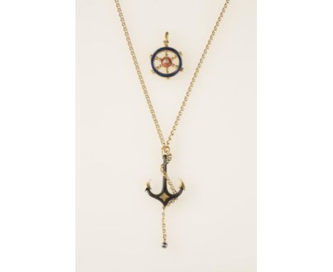 CARRERA: A MODERN YELLOW GOLD ANCHOR NECKLACE, the fine chain link attached to a unmarked black anchor, entwined with a yello
