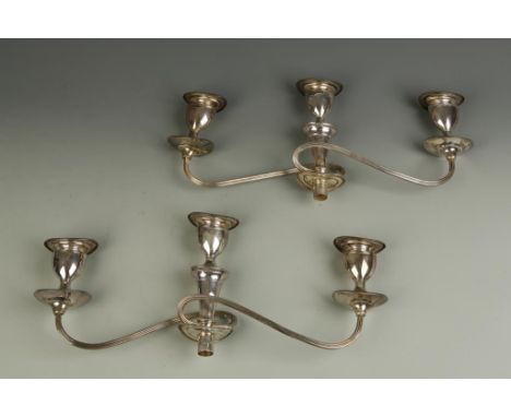 A PAIR OF THREE LIGHT CANDELABRA BRANCHES with reeded arms and detachable oval sconces, London 1969, each 17cm wide, (c.48oz)