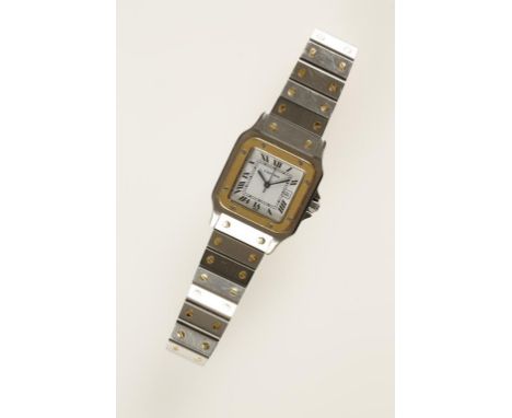 CARTIER MONTRES SANTOS: A GENTLEMANS WHITE AND YELLOW METAL WRISTWATCH, the square dial with Roman numerals, sweep seconds ha