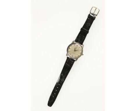 OMEGA: A GENTLEMANS WHITE METAL WRISTWATCH, the round dial with raised baton and Arabic numerals, sweep seconds hand, inscrib