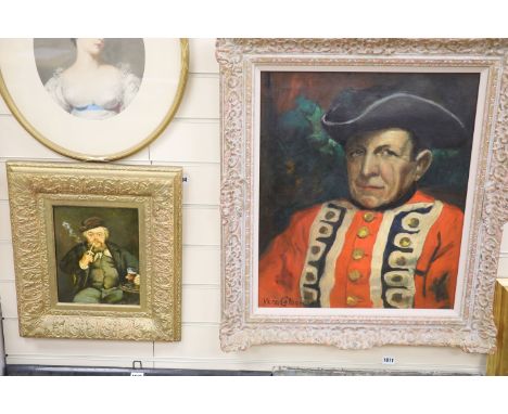   Vera Colborne, oil on canvas, Portrait of a Chelsea  pensioner, 56 x 47cm and a small oleograph of a pipe smoker, signed Er