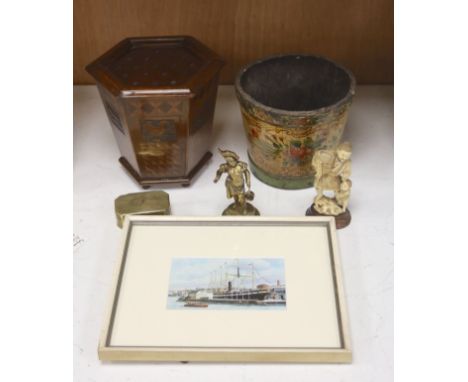   A miniature of The SS Great Britain, a brass snuff box and figure, a plant pot, a treen flower holder, etc