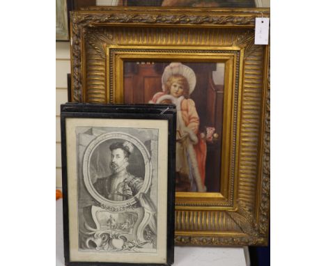   A Victorian chromolithograph of the Fire of London after Stanhope Forbes, a set of four Knapton engravings of Nobles, two r
