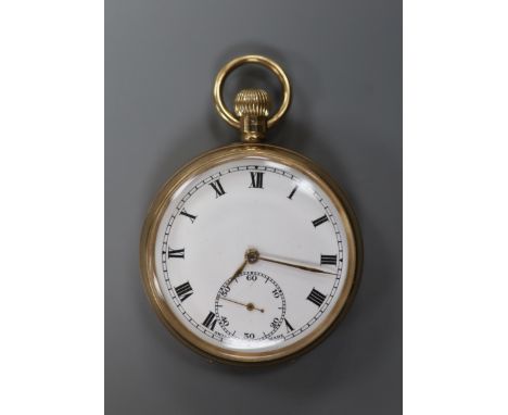 A 1920's 9ct gold open face keyless pocket watch,case diameter 50mm, gross 84.8 grams.