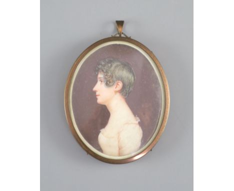   English School circa 1820, watercolour on ivory, Miniature profile portrait of a young lady, 6.75 x 5.25 cm