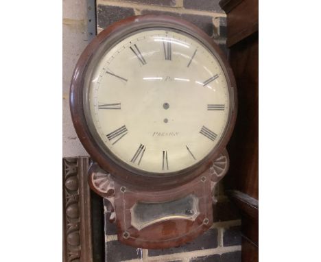   James Park of Preston. An early 19th century brass inset mahogany drop dial wall clock, with single fusee movement, height 