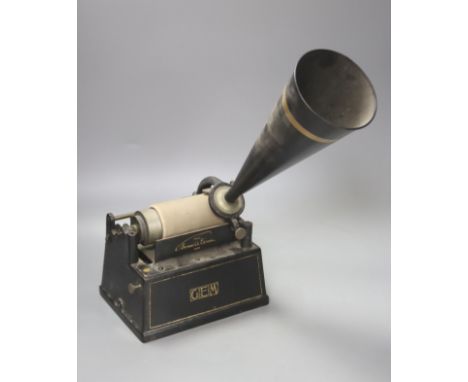   An Edison Gem phonograph, fitted with a horn, with original black and gilt bordered finish, 20cm wide, 15cm deep, 37cm high