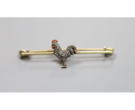   A late Victorian yellow metal, diamond, ruby and enamel set cockerel bar brooch, 45mm, gross 3.3 grams.