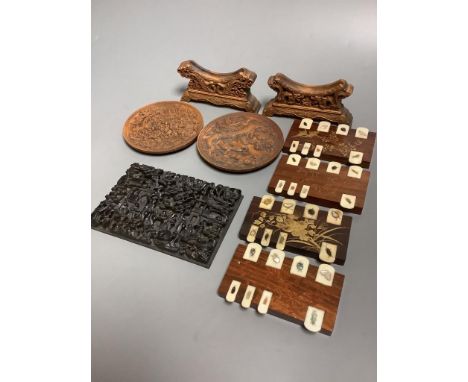   Two miniature Chinese carved wood table screens, carved ebony panel and four Bezique scorers