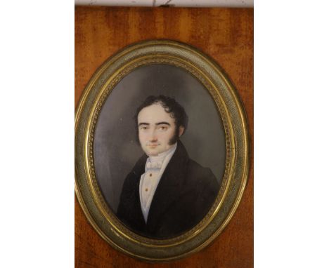   19th century French School, watercolour and gouache on ivory, Miniature portrait of a gentleman, 13 x 10cm (cracked)