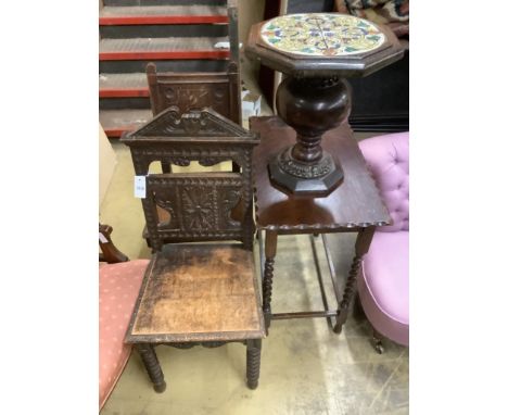   A Victorian Aesthetic movement carved oak hall seat, another carved oak chair, a tile top occasional table and a rectangula