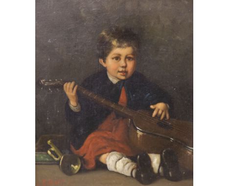   A. Gilbert (19th C.), oil on  canvas, Portrait of a boy holding a guitar, signed, 20 x 17cm