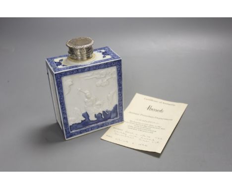   A 19th century Chinese blue and white caddy, with later silver lid, with a Harrods Antiquity Certificate, height 15cm