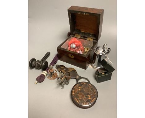   A quantity of assorted collectables to include a turned gavel, a Dunhill tankard lighter, a Tunbridgeware snuff box, etc