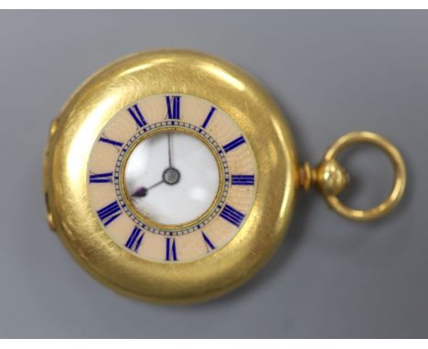   A continental 18k and enamel keywind half hunter pocket watch,case diameter 34mm, gross weight 32.2 grams (lacking glass).