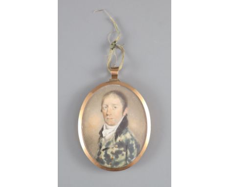   19th century English School, watercolour on ivory Miniature portrait of a gentleman wearing a white stock, hairpiece back, 