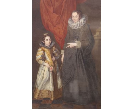   English School c.1900, watercolour, Portrait of a 17th century mother and child, 47 x 33cm