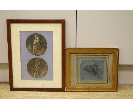   Old Master, pair of oils on card, roundels of classical figures, 13cm and a charcoal and chalk sketch of a sheep's head, 12
