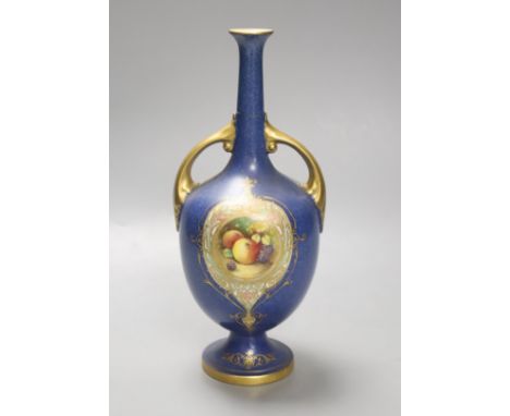   A Royal Worcester fruit painted two handled blue ground vase, 23cm high (neck broken and badly re-stuck)