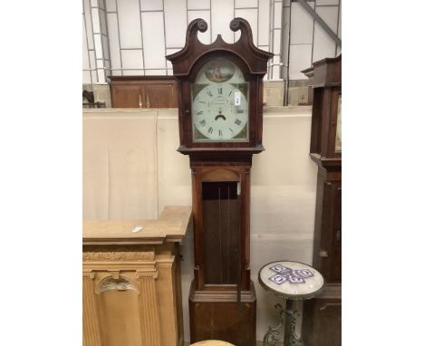   An early 19th century inlaid oak eight day longcase clock with painted dial marked William Bellman of Broughton, height 224