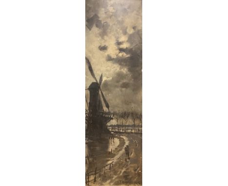   Henry John Thaddeus (1860–1929), oil on wood panel, figure by a windmill at dusk, 170.5 cm x 56.5 cm
