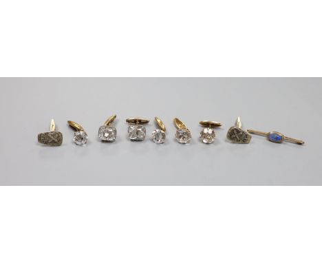   Three assorted pairs of continental gilt white metal and rock crystal set cufflinks, one other pair, a 9ct and black opal d