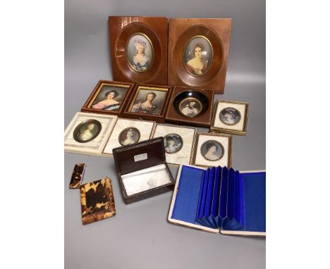   Two Victorian tortoiseshell card cases, a simulated tortoiseshell snuff box and ten framed portrait miniatures.