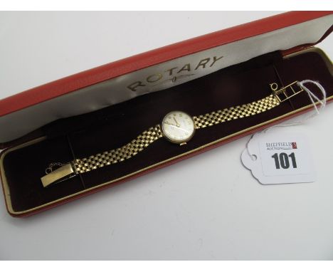 Rotary; A 9ct Gold Cased Ladies Wristwatch, the signed dial with Arabic numerals, within plain case to integral bracelet (ove