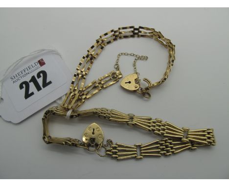 A 9ct Gold Gate Link Style Bracelet, of openwork design, to heart shape padlock clasp; Together with Another Similar, stamped
