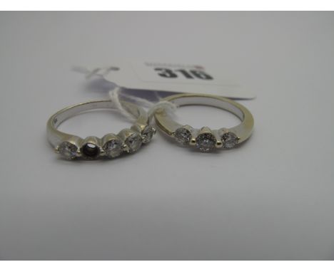 A 14ct Gold Three Stone Diamond Ring, (chipped) (finger size O); An 18ct White Gold Five Stone Ring, (one stone missing) (fin