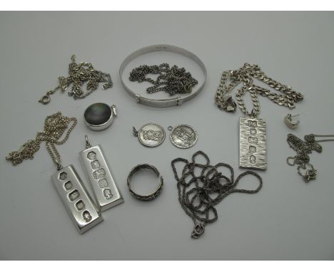 Hallmarked Silver Ingot Pendants, chains, an expanding bangle, further pendant etc. 