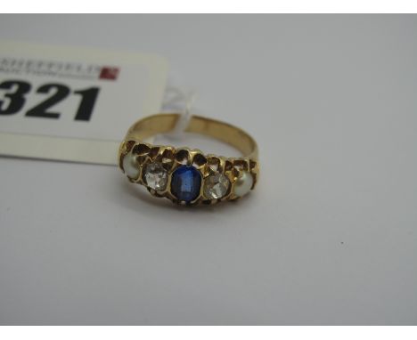A Victorian Five Stone Ring, claw set with two old cut diamonds (finger size K) (stone damages) (3.5grams). .