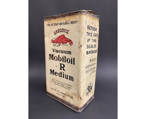 A Gargoyle Vacuum Mobiloil R Medium grade gallon can.