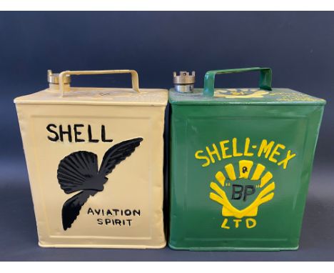 A Shell Aviation Spirit two gallon petrol can by Valor, dated January 1934 plus a Shell-Mex &amp; BP Ltd can, dated January 1