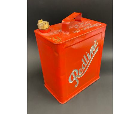 A Redline two gallon petrol can by Valor dated April 1929, with original brass cap.