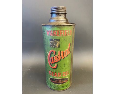 A Wakefield Castrol Gear Oil cylindrical quart caddy with image of a gearbox internals.