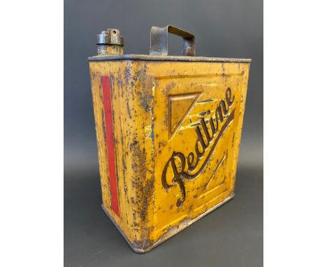 A Redline two gallon petrol can in lovely original paint, made by Valor, dated September 1935, with original brass cap.