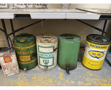 Two BP Energol five gallon drums, another for Duckhams and two further cans.