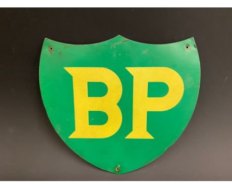 A BP shield shaped petrol pump tin brand indicating advertising sign, 10 x 9".