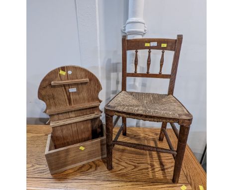 Child's rush seat chair with spindled back and pitch pine pipe rack  